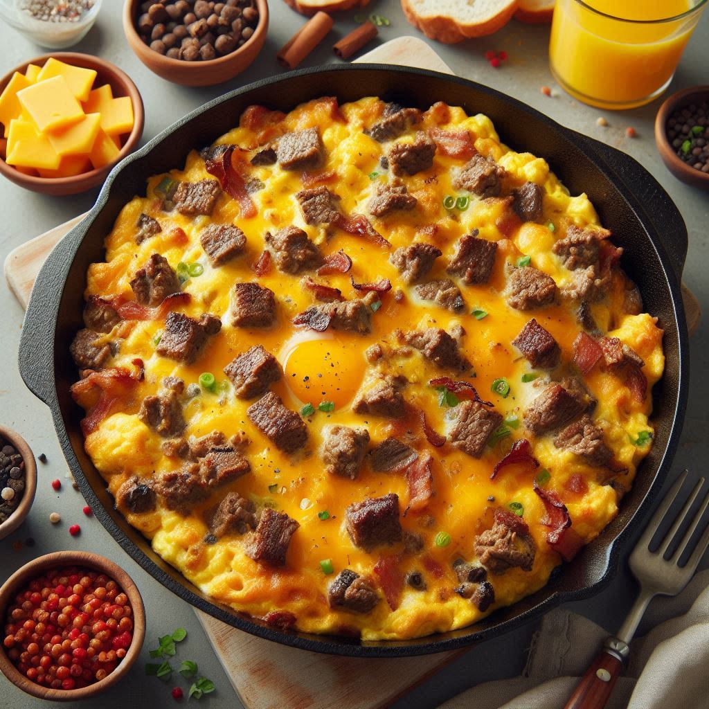 One Pan Cheesy Beef Breakfast Scramble (Skillet Breakfast Casserole)